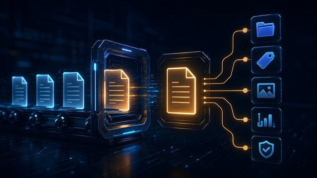 Automated digital data processing pipeline with glowing document holograms moving through high tech futuristic conveyor belt