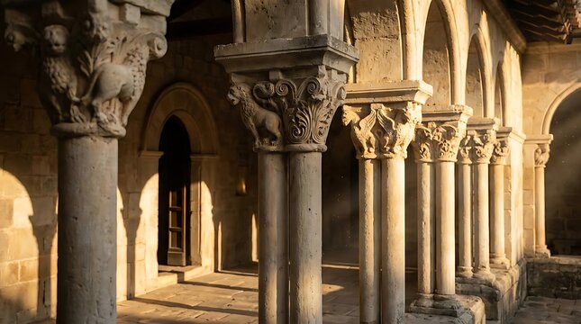 Medieval stone columns with carved capitals