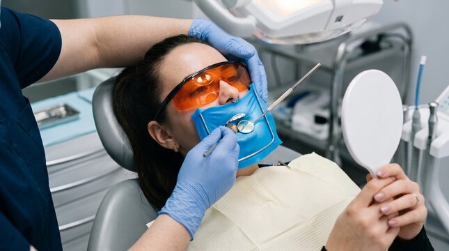 Professional dentist examining teeth of female patient wearing protective orange safety glasses and dental dam while holding mirror inside modern medical clinic treatment room