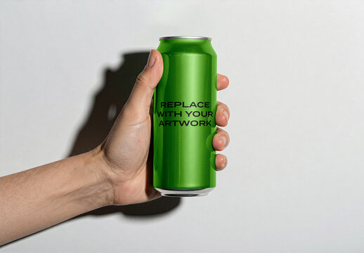 Aluminum beverage can mockup held in hand against white background with soft shadow, realistic product presentation for branding and packaging design, template graphic display
