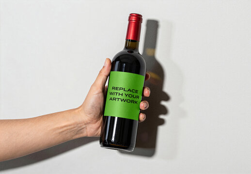 Wine bottle label mockup held in hand against a white wall, with placeholder text, realistic product presentation for branding and packaging design, studio lighting shadow, commercial template