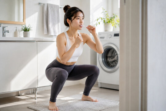 歯磨きしながらスクワットする女性