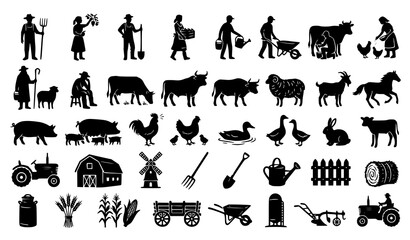 Obraz premium Black handmade farm silhouette icon collection with farmers livestock animals and agriculture symbols