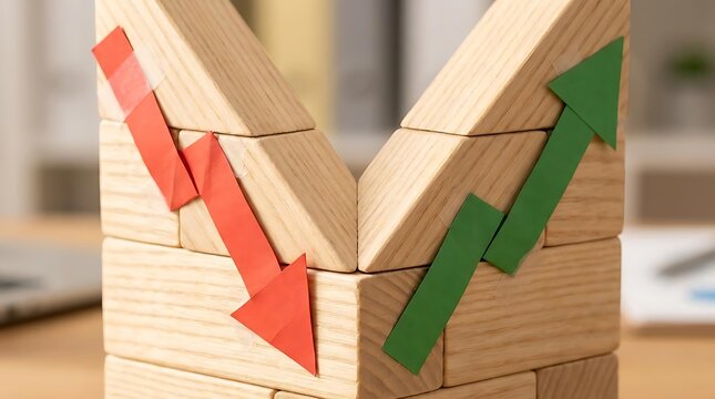 Wooden house blocks with red and green arrows