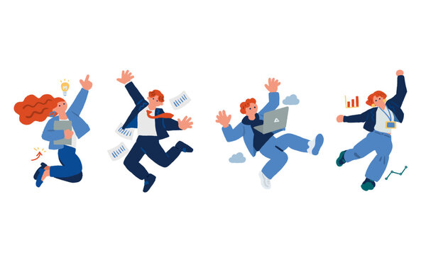 ノートパソコンや書類を手にジャンプする4人のビジネスパーソンの手描きイラスト