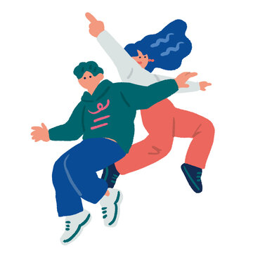 パーカー姿でジャンプし指差しする2人の若者のカジュアルな手描きイラスト
