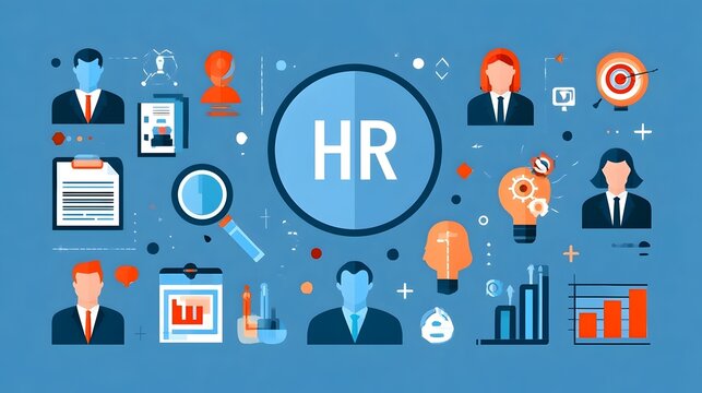 HR development icon set. with vector symbols for recruitment, Human Resources, talent training, employee onboarding, career growth, and performance management in a blue flat design. Stock Vector