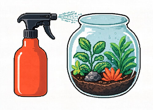 Spray Bottle Misting Glass Terrarium Plants Pixel Art Illustration
