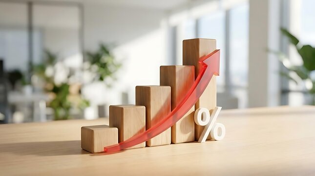Wooden block bar chart with red arrow and percent symbol