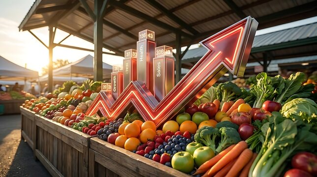 Fresh produce market with rising financial growth graph