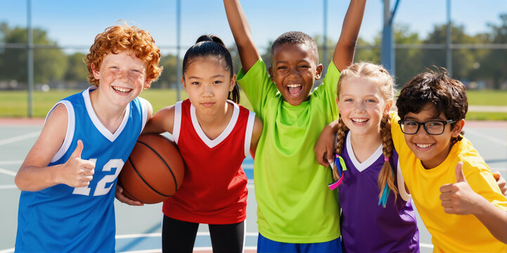 Young kids play game ball. Happy team hug posing. Proud player makes goals. Sunny summer sport energy. Health habits spirit Fun active youth group work, social day school court Boys girls pe class joy