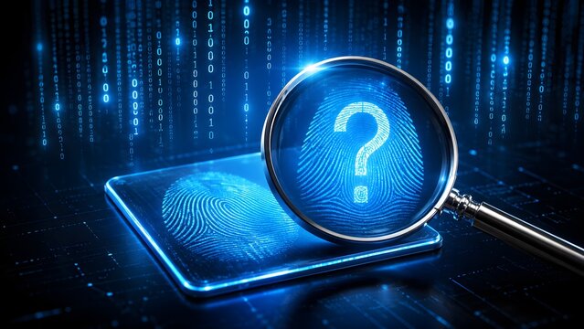 Magnifying glass examining a digital fingerprint with a question mark symbol representing biometric security investigation and identity verification