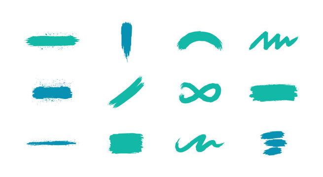 Set of teal and blue hand drawn brush stroke shapes, including lines, zigzags, and infinity symbols, isolated on a white background