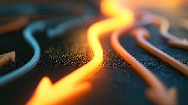 Glowing orange arrows diverge and converge on a textured dark surface