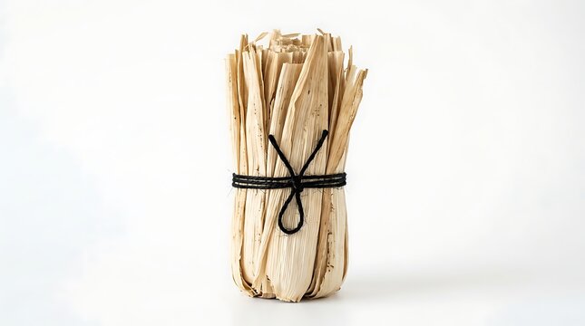A bundle of Palo Santo sticks tied with a black string on a white background
