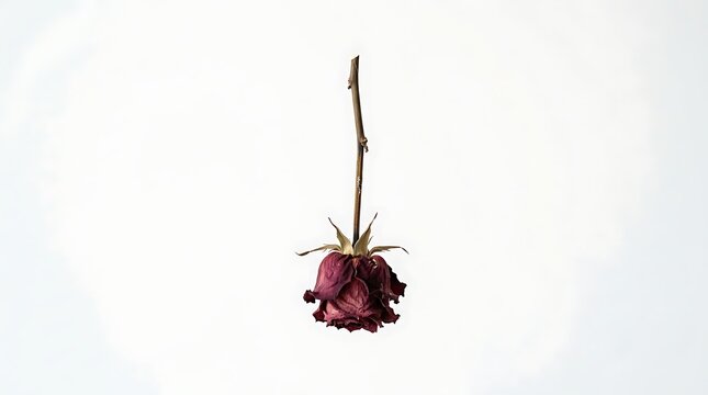 A wilted rose with a long stem stands alone against a white background, symbolizing love loss and decay.