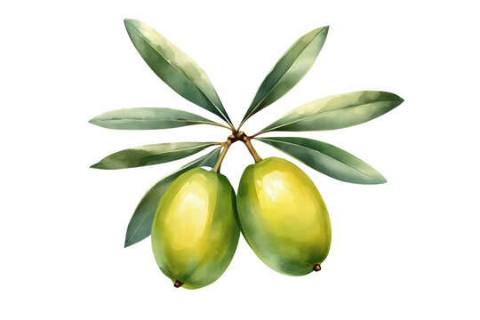 Two Large Green Olives with Leaves