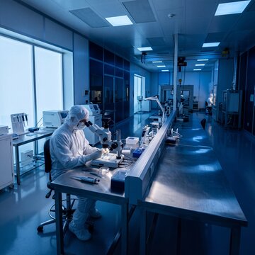 Scientist in Sterile Cleanroom Suit Conducting Microscopic Research and Sample Analysis in High-Tech Laboratory