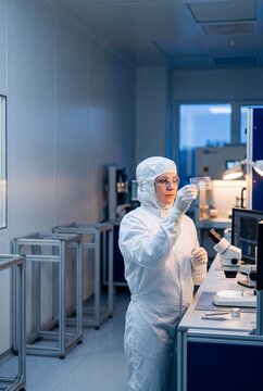 Female scientist in protective cleanroom suit inspecting a microchip sample in a high-tech nanotechnology laboratory