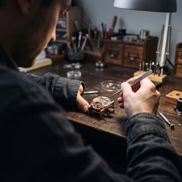 Watchmaker Repairing Vintage Mechanical Watch Movement with Tweezers in Traditional Workshop