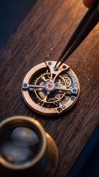 Watchmaker assembling precision mechanical watch movement components with tweezers on a wooden workbench