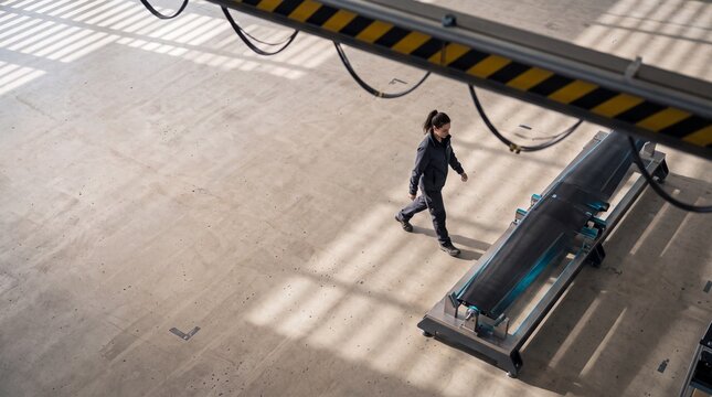 Female Engineer Walking in Modern Aerospace and Composite Manufacturing Factory Hall