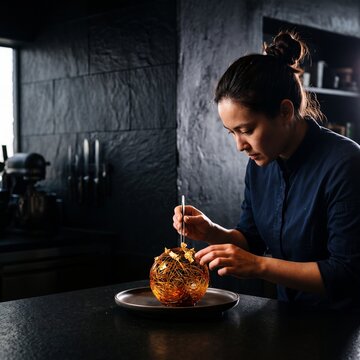 Professional female pastry chef carefully decorating an intricate spun sugar dessert with edible gold leaf in a modern restaurant kitchen