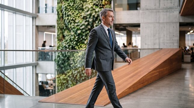Confident Mature Businessman in Grey Suit Walking in Modern Eco-Friendly Corporate Office