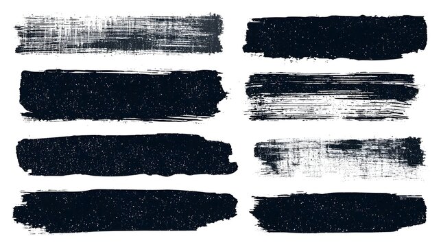 Rolled ink stamp textures handmade with brayer set. Rectangle eroded shapes with streaks, distressed letterpress grainy overlays, linocut printmaking vector illustration on white background