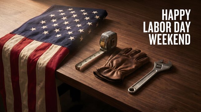 Labor Day weekend greeting card with American flag and work tools, patriotic USA holiday background on wooden table