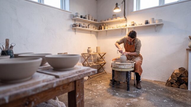 Female Artisan Working on Potter Wheel Shaping Clay Vase in Ceramic Workshop Studio