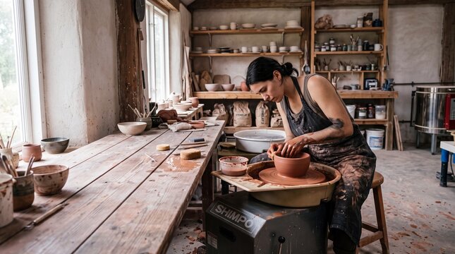 Young female artisan shaping a wet clay bowl on a rotating pottery wheel in a rustic ceramic workshop