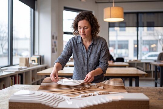 Female architect working on a topographical landscape model in a bright modern design studio