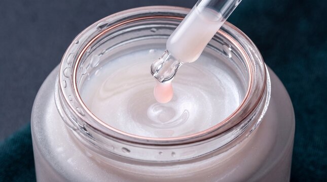 Glass dropper dripping pearl cosmetic serum into an open luxury skincare jar close up