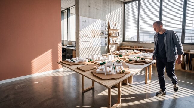 Male architect reviewing urban scale models in a modern sunlit architectural studio