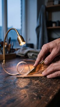 Artisan hands cutting and skiving genuine leather with a sharp craft knife under warm workshop lighting on a wooden workbench