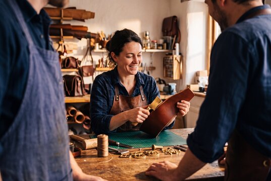 A smiling female artisan works on genuine leather with tools alongside colleagues in a traditional craft workshop