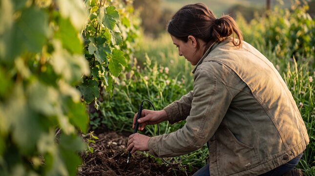Female Agronomist Testing Soil Quality with an Electronic Sensor Probe in a Lush Vineyard