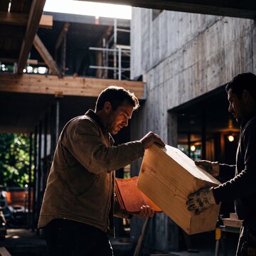 Construction workers handling wooden timber and building materials at a modern architectural site