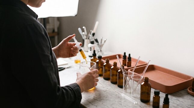 Artisan perfumer measuring essential oil with a syringe into a glass beaker in a workshop