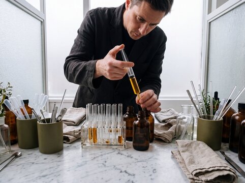 Professional perfumer or herbalist formulating essential oils with syringe and glassware in workshop
