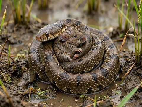 Close up of a Checkered Keelback snake tightly coiled around its prey mouse in a muddy rice field habitat in Southeast Asia