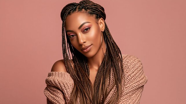 Portrait of a confident young Black female model wearing hoop earrings, braided hair, polished makeup, and luxury fashion styling on a soft pink background.