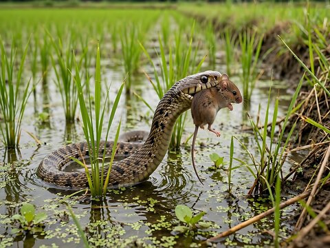 A wild checkered keelback snake captures and consumes a small field mouse amidst the flooded green rice paddy vegetation in nature