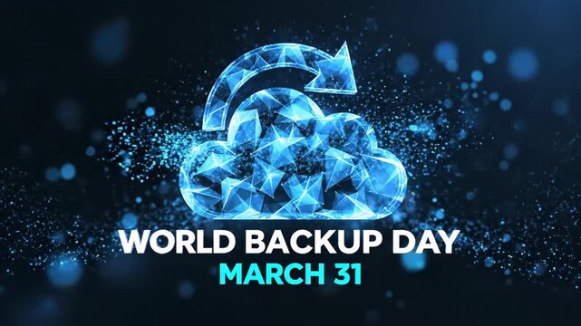 Blue polygonal cloud with refresh arrow and World Backup text