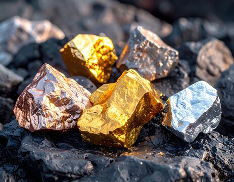 Close-up of various shiny, metallic mineral nuggets on a bed of dark, irregular rock