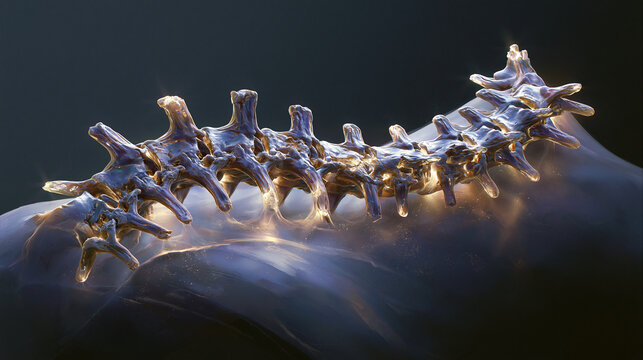 A close-up shot of a detailed metallic human spine model, crafted in gold and silver tones, resting on a dark, textured muscle and tissue surface.