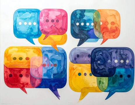 Watercolor painting of colorful overlapping speech bubbles with ellipsis dots