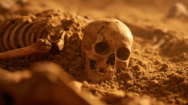 A close-up cinematic shot of an ancient human skull and skeleton partially uncovered in the dirt at an archaeological excavation site with warm lighting.