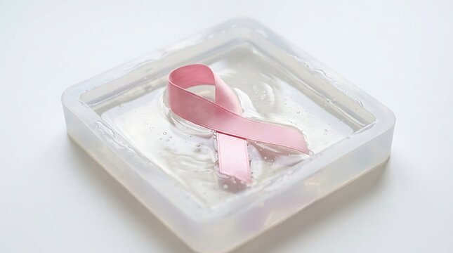A pink breast cancer awareness ribbon sits in a small container of clear gel or soap, symbolizing support and fundraising for the cause.